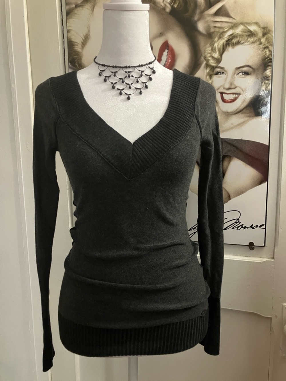 Guess Women's Deep V-Neck Long Sleeve Sweater - Charcoal wool/cotton